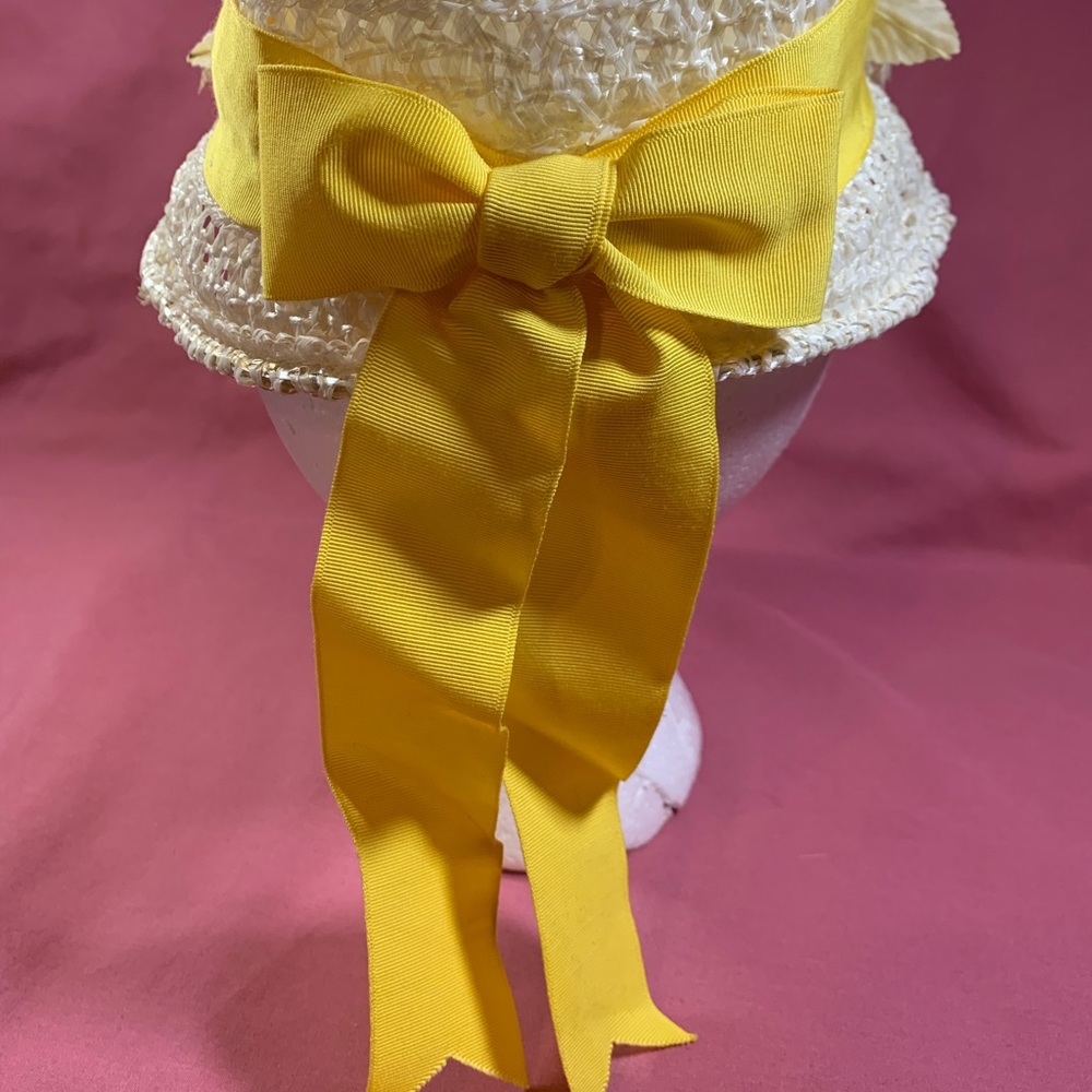 Women’s vintage hat with feathers on front, yellow bow down back, Sz small. - Picture 3 of 5